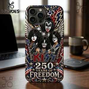 KISS band iPhone case featuring full color portrait with American flag motif and text 250 Years of Freedom.!