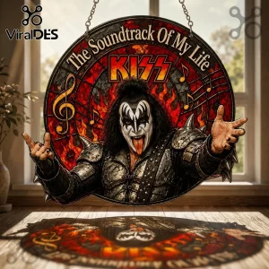 Round stained glass hanging suncatcher featuring Gene Simmons of KISS against a red flame background with musical notes.!
