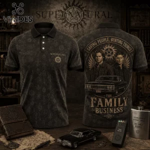 Supernatural TV show polo shirt in black with Sam and Dean Winchester graphic, Impala car, and pentagram motifs.!