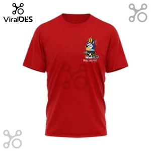 Red short-sleeve t-shirt with Bluey character as a firefighter holding a hose and text reading BUILT BY FIRE.!