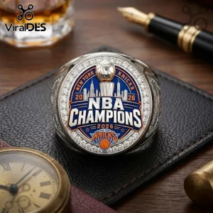 Silver 2026 New York Knicks NBA championship ring with blue enamel, crystals, basketball trophy, and city skyline motif.!