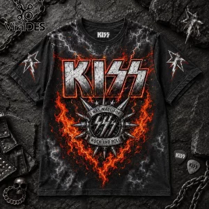 Black KISS band t-shirt with orange flame graphic, spiked circle logo, and I Was Made For Rock And Roll text print.!