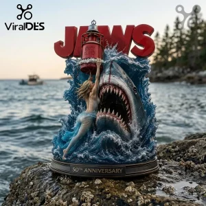 Jaws 50th anniversary resin statue featuring a great white shark attacking a woman holding an Amity Island red buoy.!