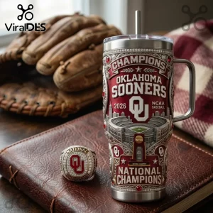Oklahoma Sooners 2026 NCAA baseball championship stainless steel tumbler with engraved stadium and team ring on leather.!