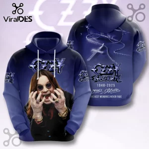 Ozzy Osbourne blue gradient hoodie with portrait, cross necklace graphic, and 1948-2025 text print.!