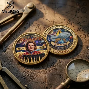 Star Trek Voyager gold commemorative coins featuring Captain Janeway, crew, and USS Voyager NCC-74656 on a star chart map.!