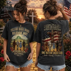 Vintage black t-shirt featuring Wizard of Oz characters, Christian scripture, an American flag, and a cross graphic.!