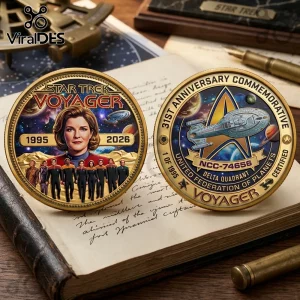 Star Trek Voyager 31st anniversary gold commemorative coins featuring Captain Janeway, the crew, and the USS Voyager ship.!