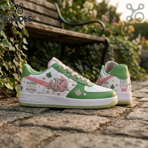 Custom Alpha Kappa Alpha low-top sneakers in white, pink, and green featuring rhinestone detailing and ivy leaf accents.!