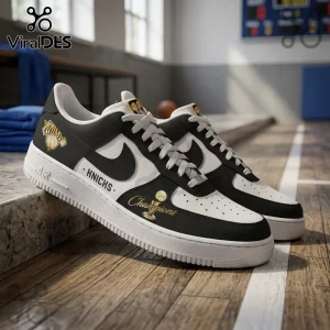 New York Knicks theme sneakers featuring black and white leather, gold championship trophy logo, and KNICKS text on midsole.!