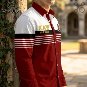 Kappa Alpha Psi button-down shirt with crimson and white horizontal stripes, gold Greek letters, and custom name text.!