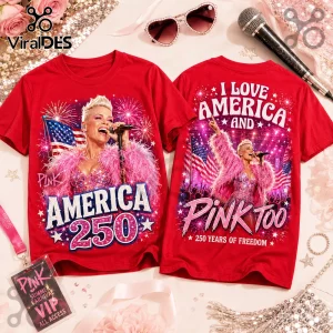 Two red t-shirts featuring singer P!nk, American flags, fireworks, and text reading America 250 and Pink Too.!