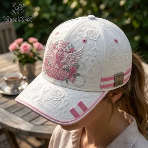 White baseball cap featuring embroidered pink breast cancer awareness ribbons, floral motifs, and words like Hope and Faith.!