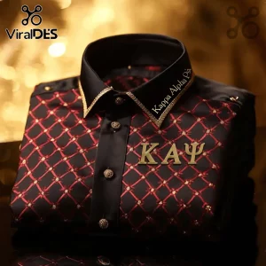 Black dress shirt with red diamond pattern, gold Greek letters KAPSI on chest, and embroidered collar lettering.!