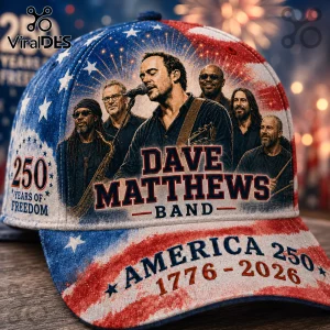 Dave Matthews Band baseball cap with red, white, and blue American flag pattern, fireworks, and text America 250 1776-2026.!