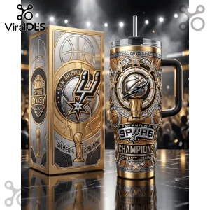 San Antonio Spurs metal tumbler and box featuring gold and silver championship trophy, basketball graphics, and logo text.!