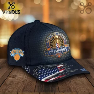 Navy blue baseball cap with New York Knicks 2026 championship logo and a distressed American flag print on the brim.!