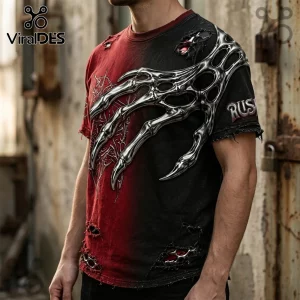 Black and red distressed t-shirt featuring a 3D metallic chrome claw print, frayed edges, and metal skeleton aesthetic.!