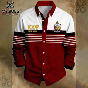 Kappa Alpha Psi button-down shirt with crimson and white horizontal stripes, Greek letters KAY, and fraternity crest.!