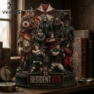 Resident Evil 30th anniversary resin statue featuring Leon, Jill, Claire, Chris, Ada, Wesker, and Nemesis on RPD base.!