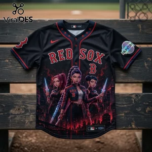 Black Boston Red Sox baseball jersey with anime-style characters holding neon daggers against a red city skyline background.!