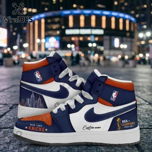 New York Knicks high-top sneakers in blue, orange, and white leather with Madison Square Garden background.!