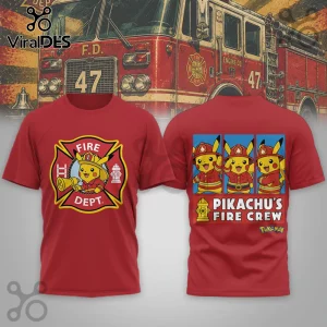 Red Pikachu Fire Crew t-shirt with front and back graphic featuring Pikachu in firefighter gear and fire hydrant logo.!