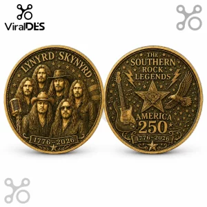 Bronze commemorative coin featuring Lynyrd Skynyrd band members on one side and a guitar and eagle on the reverse.!