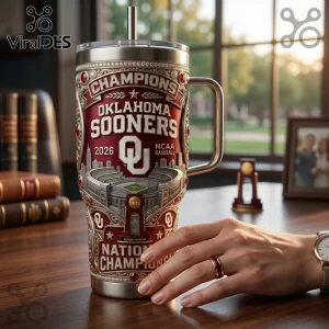 Oklahoma Sooners 2026 NCAA baseball champions stainless steel tumbler with stadium relief, red and gold accents, and straw.!