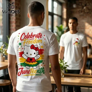 White t-shirt showing back print of Hello Kitty wearing red, black, and green skirt with text Celebrate Freedom Juneteenth.!
