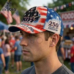 KISS band baseball cap featuring American flag print, 250 Years of Freedom text, and patriotic 1776-2026 branding.!