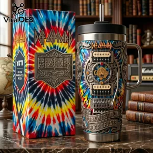 Def Leppard Yeti stainless steel tumbler featuring tie-dye pattern, guitar mechanics, and metal emblem on matching box.!