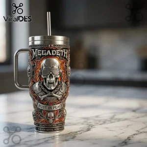 Megadeth Rust in Peace 40oz stainless steel tumbler with Vic Rattlehead skull relief, metal handle, and straw.!