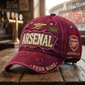 Maroon distressed baseball cap with Arsenal text, gold cannon logo, 1886 patch, and personalized text on the brim.!