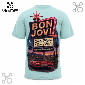 Light blue t-shirt back with Bon Jovi neon sign graphic, desert landscape, palm trees, and a red vintage sports car.!
