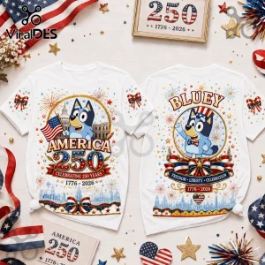 Bluey patriotic t-shirts with America 250 branding, fireworks, and US flag graphics on white cotton fabric.!