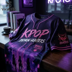 Purple baseball jersey featuring KPOP DEMON HUNTERS text, anime silhouettes, and a demon mask graphic on the sleeve.!