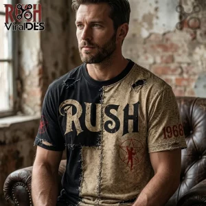 Man wearing a distressed black and snakeskin-patterned Rush band t-shirt with red Starman logos and 1968 text.!