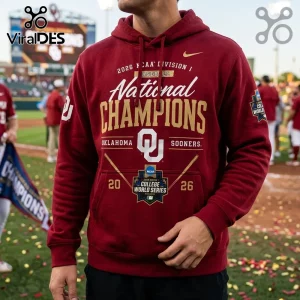 Maroon cotton hoodie featuring 2026 Oklahoma Sooners National Champions baseball graphics and NCAA branding.!