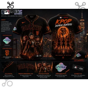 San Francisco Giants and K-Pop Demon Hunters collaboration baseball jersey in black and orange with anime character art.!