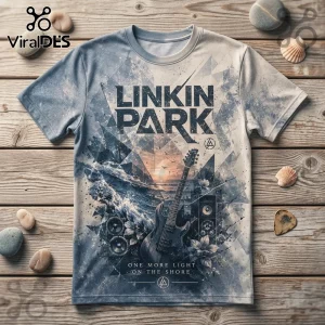 Linkin Park graphic t-shirt featuring an electric guitar, speakers, ocean waves, and the text One More Light On The Shore.!