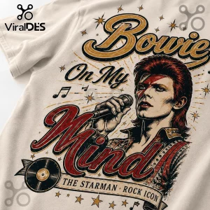Off-white t-shirt with David Bowie graphic, featuring text Bowie On My Mind and The Starman Rock Icon with vinyl record.!