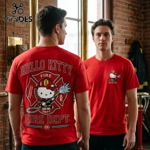 Red cotton t-shirt with Hello Kitty firefighter graphic, Maltese cross emblem, and text reading Hello Kitty Fire Dept.!