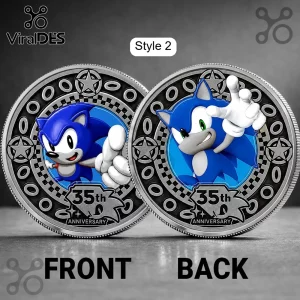 Silver Sonic the Hedgehog 35th anniversary commemorative coin showing front and back designs against a gray surface.!