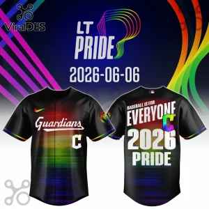 Cleveland Guardians pride baseball jersey with rainbow gradient, black base, and 2026 date text on dark background.!