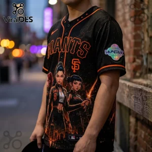 San Francisco Giants black baseball jersey featuring orange lettering and anime-style female characters with city skyline.!