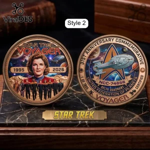 Star Trek Voyager 31st anniversary commemorative bronze metal coins featuring Captain Janeway and the USS Voyager NCC-74656.!