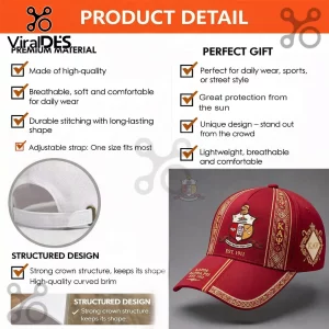 Kappa Alpha Psi fraternity baseball cap in red and gold with Greek letters, crest, and adjustable metal strap back.!