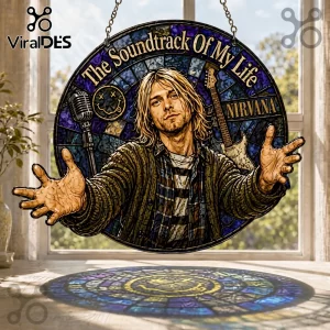 Kurt Cobain round stained glass suncatcher featuring Nirvana logo, microphone, and guitar. Reads The Soundtrack Of My Life.!
