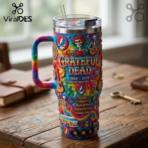 Grateful Dead themed insulated stainless steel tumbler with rainbow galaxy print, skeleton graphics, and song titles.!